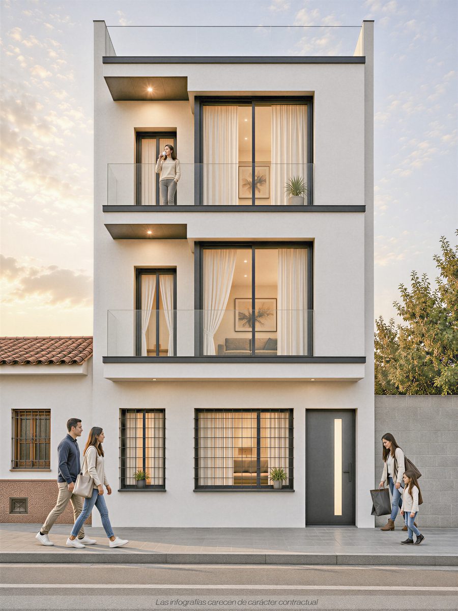 Fachada frontal con peatones y balcones